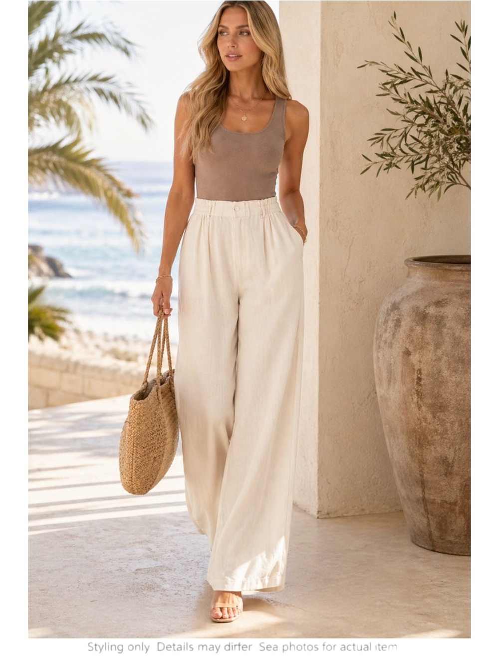 Ivory Linen Wide Leg Pants XL High Rise Elastic Waist Resort